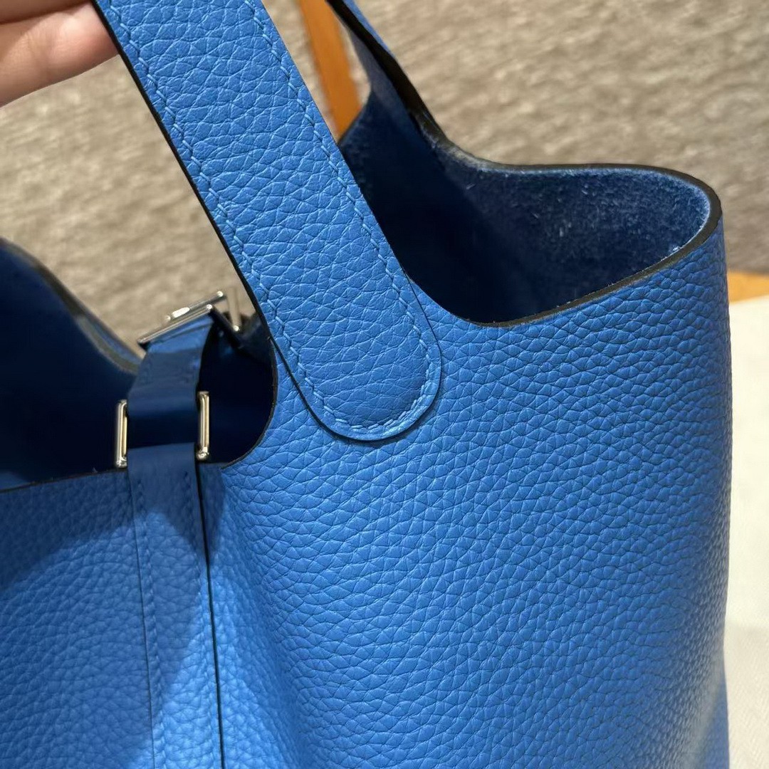Hermes Picotin Lock 22 CM Bag Handmade In Taurillon Clemence Leather Silver Hardware T7 Blue Hydra - Image 8