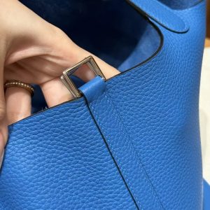 Hermes Picotin Lock 22 CM Bag Handmade In Taurillon Clemence Leather Silver Hardware T7 Blue Hydra - Image 5