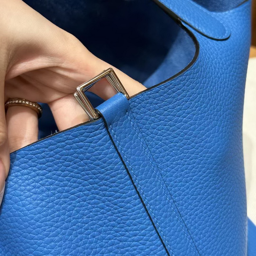 Hermes Picotin Lock 22 CM Bag Handmade In Taurillon Clemence Leather Silver Hardware T7 Blue Hydra - Image 5