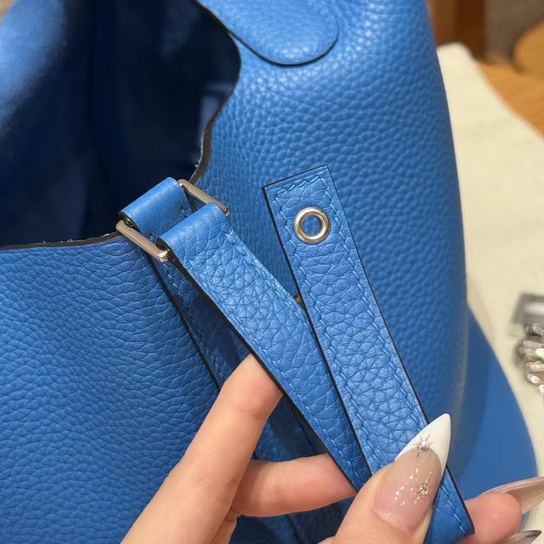 Hermes Picotin Lock 22 CM Bag Handmade In Taurillon Clemence Leather Silver Hardware T7 Blue Hydra - Image 3