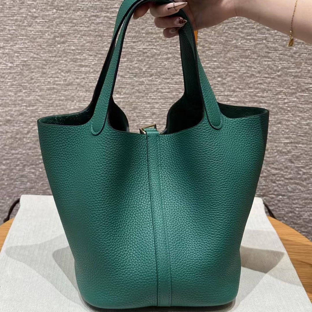 Hermes Picotin Lock 22 CM Bag Handmade In Taurillon Clemence Leather Gold Hardware U4 Vert Vertigo - Image 2