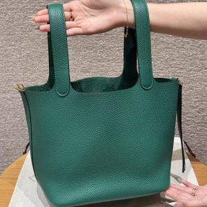 Hermes Picotin Lock 22 CM Bag Handmade In Taurillon Clemence Leather Gold Hardware U4 Vert Vertigo - Image 13