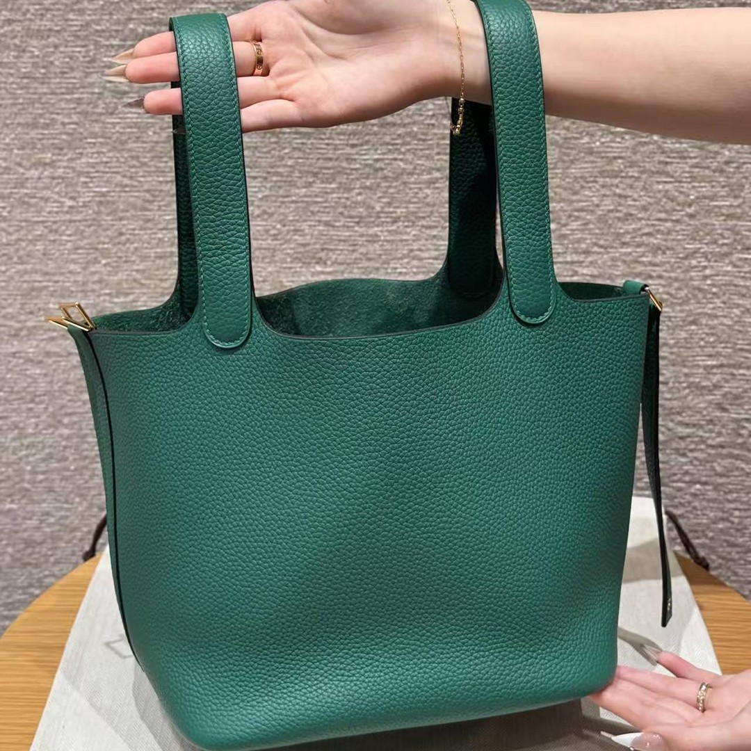 Hermes Picotin Lock 22 CM Bag Handmade In Taurillon Clemence Leather Gold Hardware U4 Vert Vertigo - Image 13
