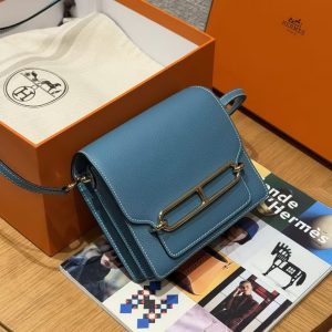 Hermes Roulis Mini 18 Bag Handmade In Evercolor Calfskin Leather Gold Hardware 75 Blue Jean - Image 12