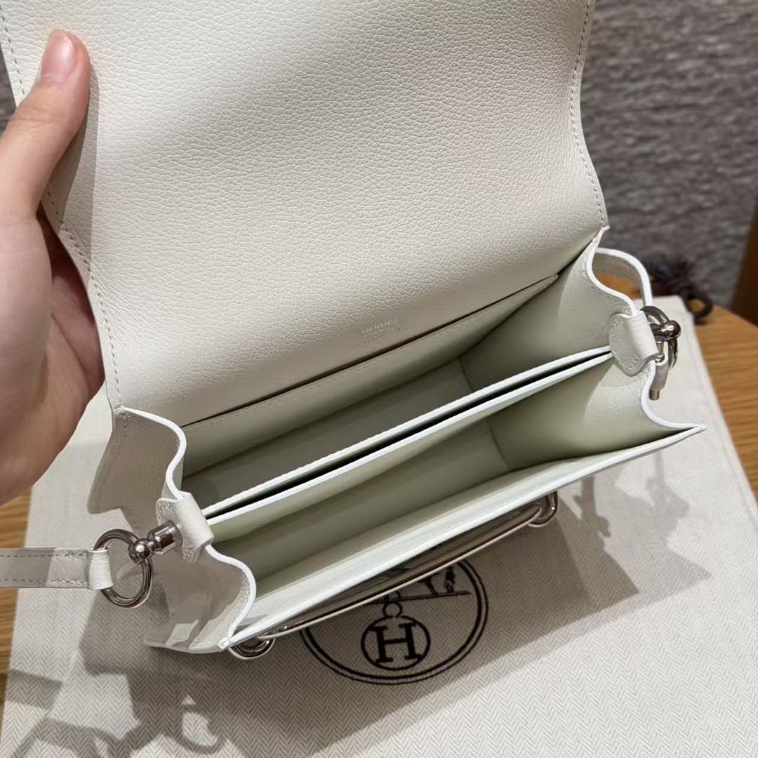 Hermes Roulis Mini 18 Bag Handmade In Evercolor Calfskin Leather Silver Hardware 01 Blanc - Image 13