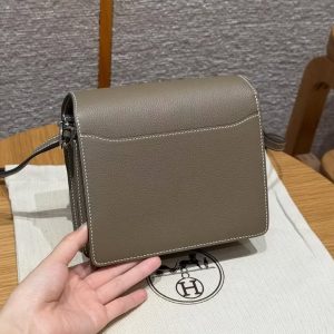 Hermes Roulis Mini 18 Bag Handmade In Evercolor Calfskin Leather Silver Hardware 18 Etoupe - Image 2