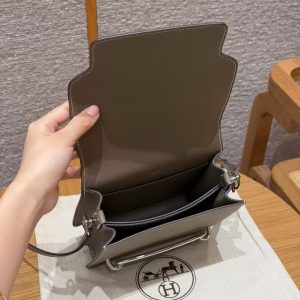 Hermes Roulis Mini 18 Bag Handmade In Evercolor Calfskin Leather Silver Hardware 18 Etoupe - Image 12