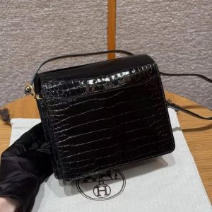 Hermes Roulis Mini 18 Bag Handmade In Porosus Crocodile Leather Gold Hardware 89 Noir - Image 2
