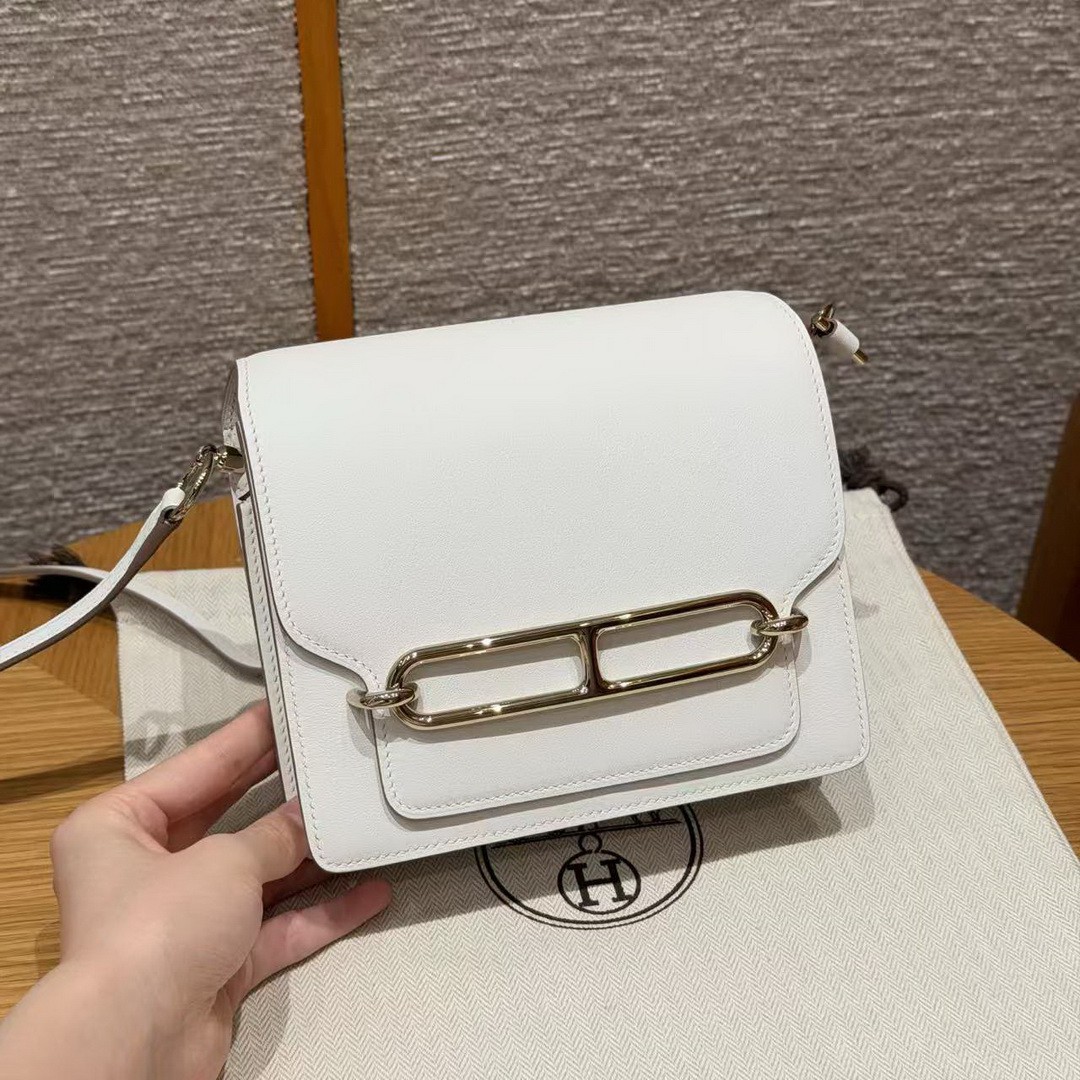 Hermes Roulis Mini 18 Bag Handmade In Swift Calfskin Leather Gold Hardware 0U New White