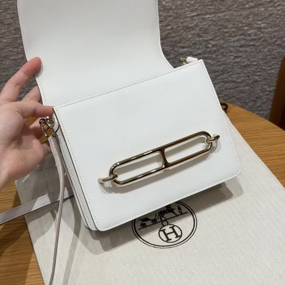 Hermes Roulis Mini 18 Bag Handmade In Swift Calfskin Leather Gold Hardware 0U New White - Image 9