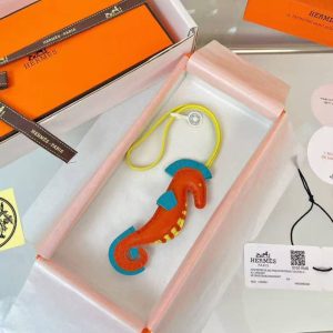 Alternative view of Hermes Seahorse Charm Milo Lambskin Orange Poppy Bleu Aztèque Lime H084738CAAG