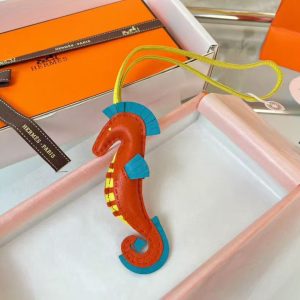 Hermes Seahorse Charm Milo Lambskin Orange Poppy Bleu Aztèque Lime H084738CAAG - Image 5