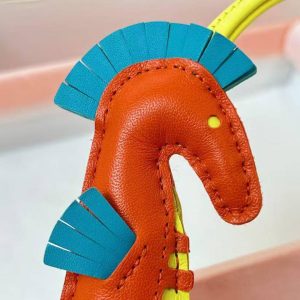 Hermes Seahorse Charm Milo Lambskin Orange Poppy Bleu Aztèque Lime H084738CAAG - Image 3