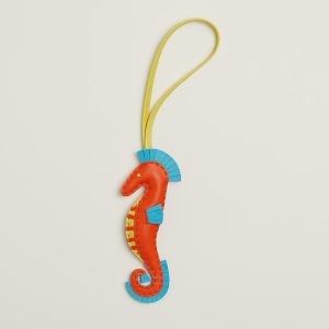 Hermes Seahorse Charm Milo Lambskin Orange Poppy Bleu Aztèque Lime H084738CAAG