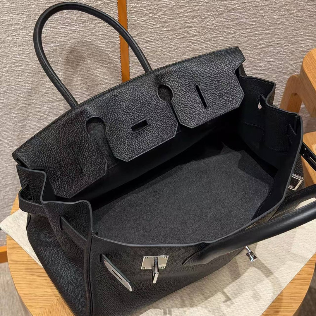 Hermes JPG Shoulder Birkin 42 Bag Handmade In Clemence Calfskin Leather Silver Hardware 89 Noir - Image 11