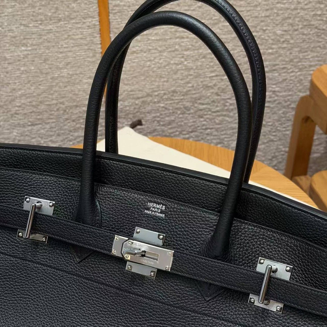 Hermes JPG Shoulder Birkin 42 Bag Handmade In Clemence Calfskin Leather Silver Hardware 89 Noir - Image 5