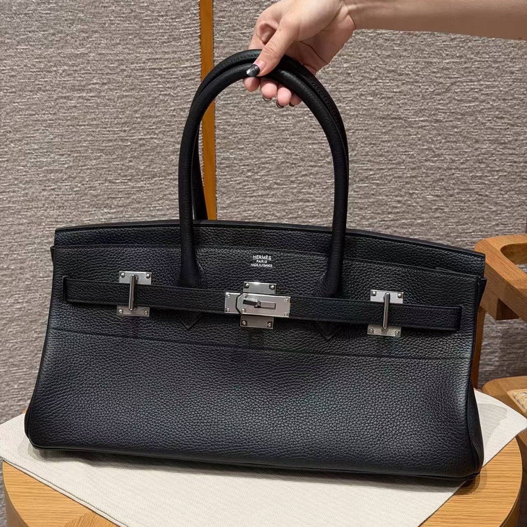 Hermes JPG Shoulder Birkin 42 Bag Handmade In Clemence Calfskin Leather Silver Hardware 89 Noir - Image 3
