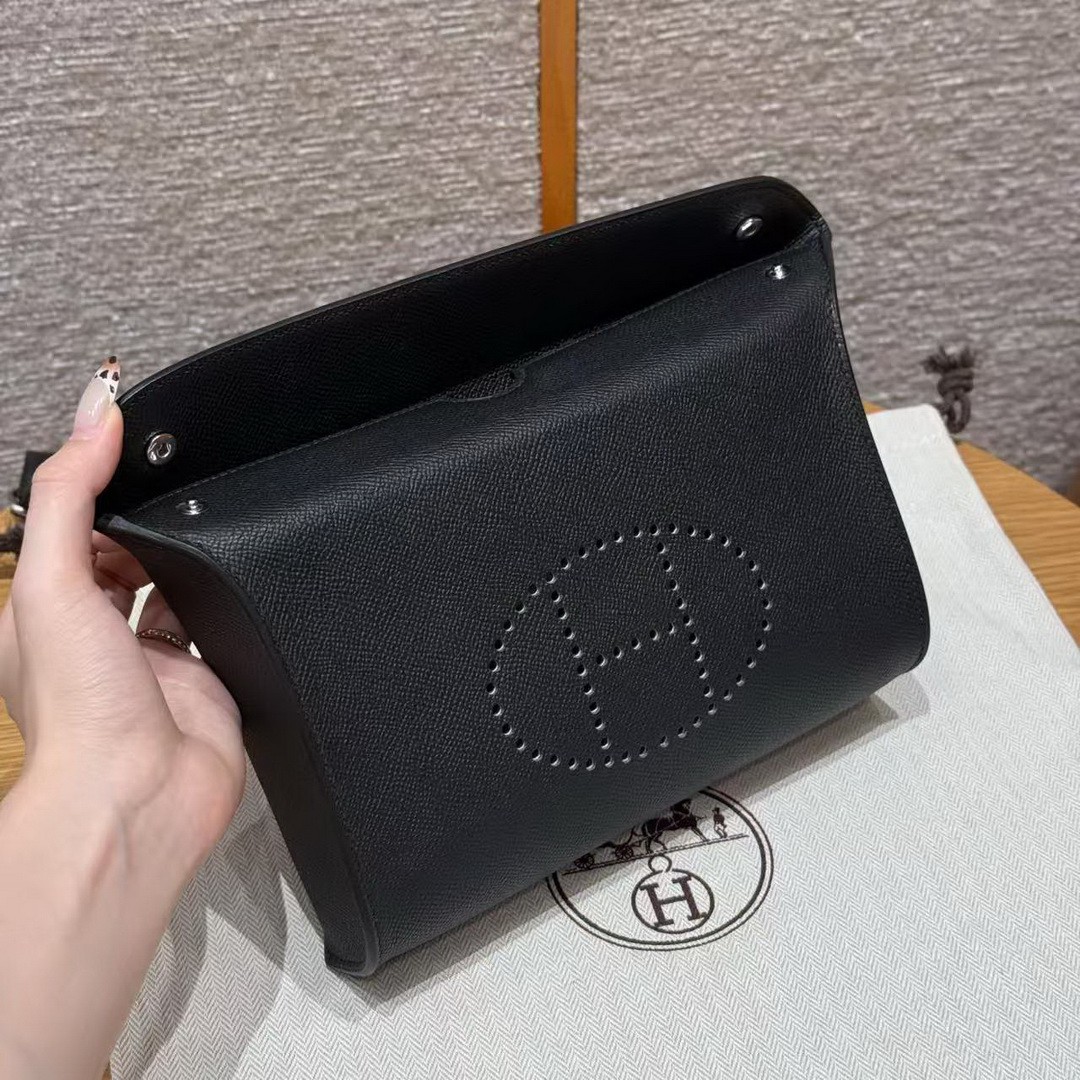 Hermes Videpoches Bag Handmade In Epsom Calfskin Leather Silver Hardware 89 Noir - Image 8