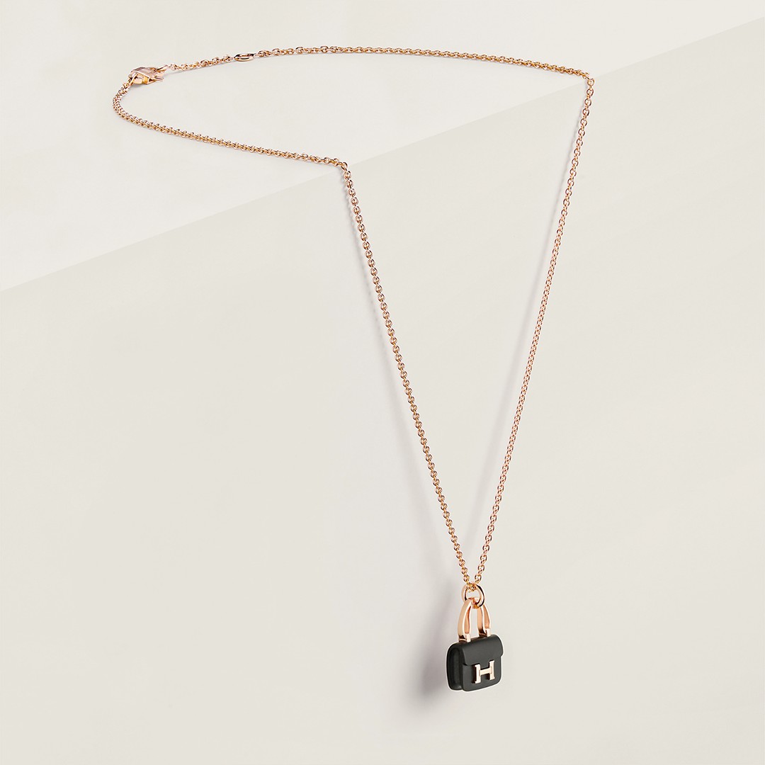 Hermes Amulettes Constance Pendant Necklace Rose Gold Noir H221354B 00