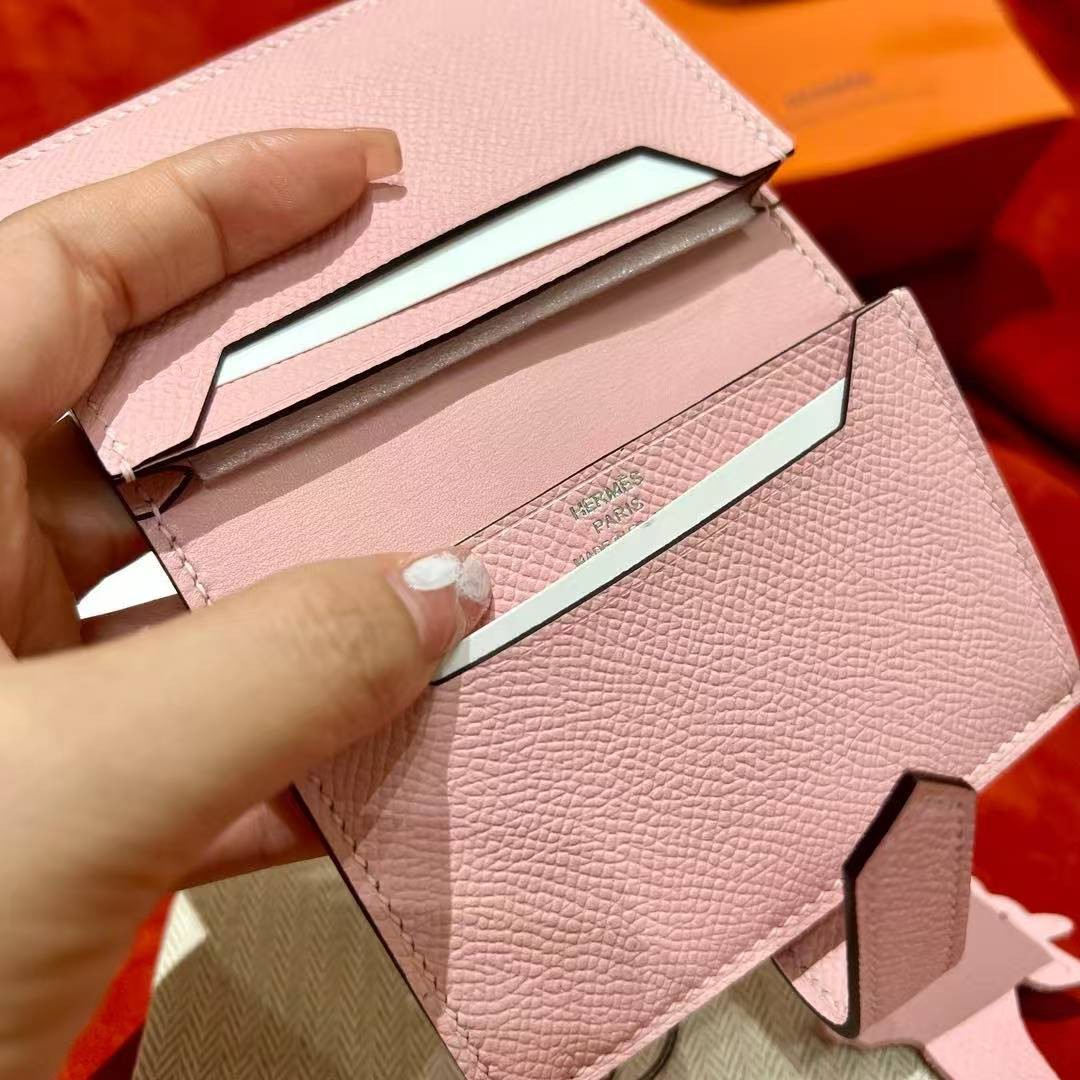 Hermes Bearn Mini Wallet Card Holder Handmade In Epsom Calfskin Leather Silver Hardware 3Q Rose Sakura - Image 10