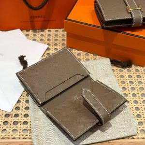 Hermes Bearn Mini Wallet Card Holder Handmade In Epsom Calfskin Leather Silver Hardware ck18 Etoupe - Image 7