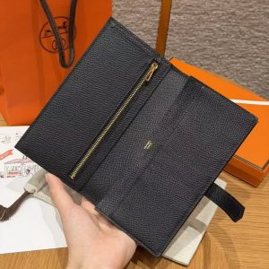 Hermes Bearn Wallet With Gusset Handmade In Epsom Calfskin Leather Matte Alligator Crocodile Gold Hardware 89 Noir - Image 12