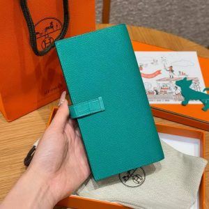 Hermes Bearn Wallet With Gusset Handmade In Epsom Calfskin Leather Matte Alligator Silver Hardware O6 Vert Jade - Image 10