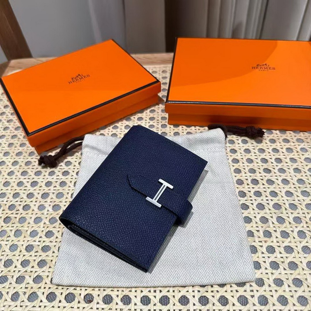 Hermes Bearn Mini Wallet Card Holder Handmade In Epsom Calfskin Leather Silver Hardware 73 Bleu Saphir - Image 3
