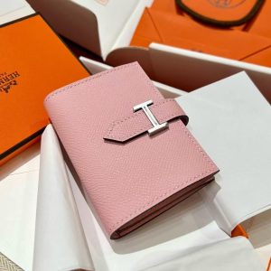 Hermes Bearn Mini Wallet Card Holder Handmade In Epsom Calfskin Leather Silver Hardware 3Q Rose Sakura - Image 7