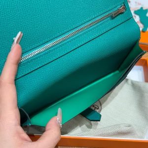Hermes Bearn Wallet With Gusset Handmade In Epsom Calfskin Leather Matte Alligator Silver Hardware O6 Vert Jade - Image 3