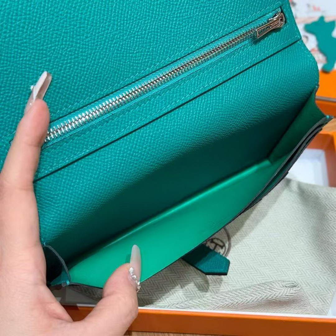 Hermes Bearn Wallet With Gusset Handmade In Epsom Calfskin Leather Matte Alligator Silver Hardware O6 Vert Jade - Image 3