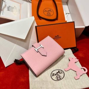 Hermes Bearn Mini Wallet Card Holder Handmade In Epsom Calfskin Leather Silver Hardware 3Q Rose Sakura - Image 6