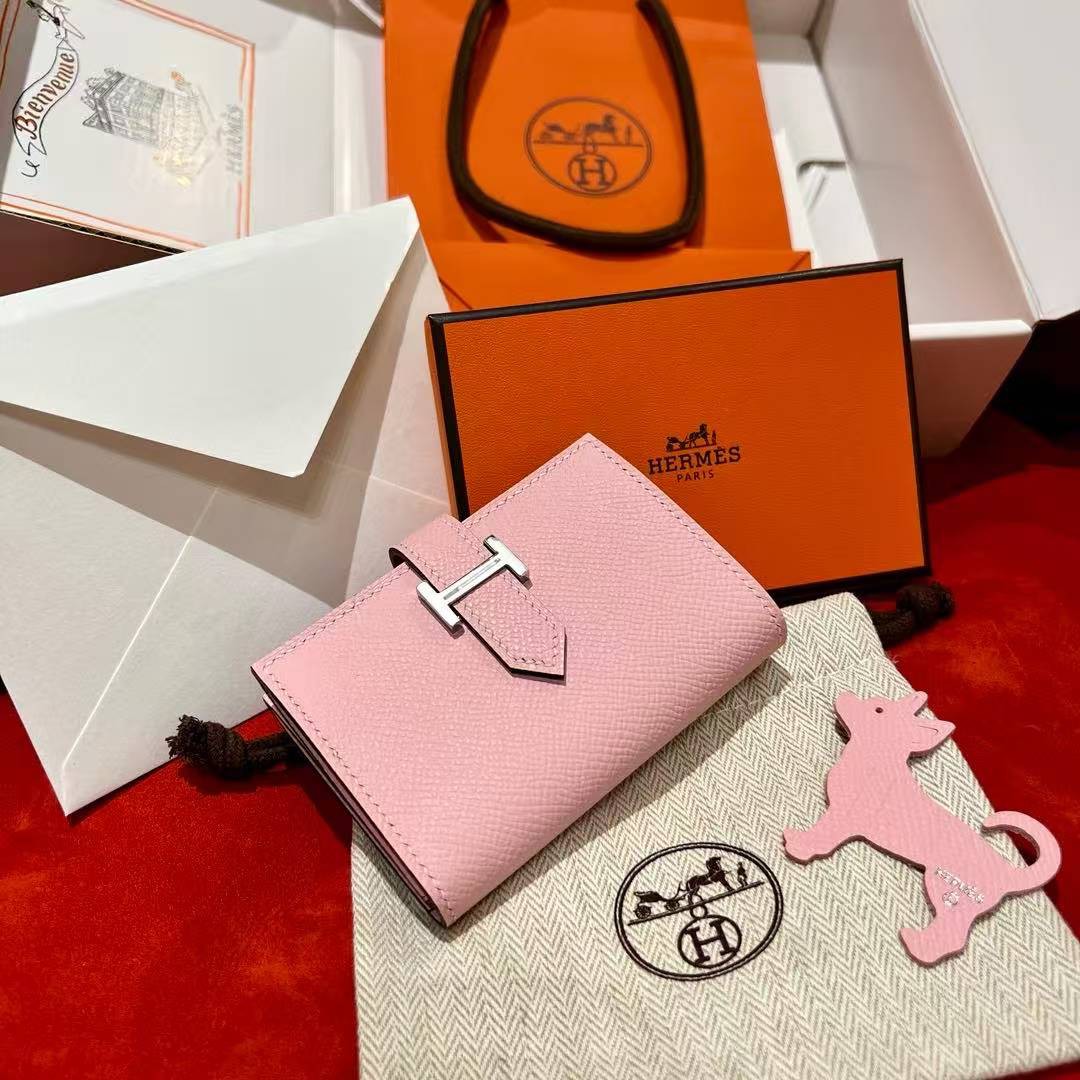 Hermes Bearn Mini Wallet Card Holder Handmade In Epsom Calfskin Leather Silver Hardware 3Q Rose Sakura - Image 6