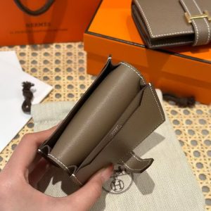 Hermes Bearn Mini Wallet Card Holder Handmade In Epsom Calfskin Leather Silver Hardware ck18 Etoupe - Image 3
