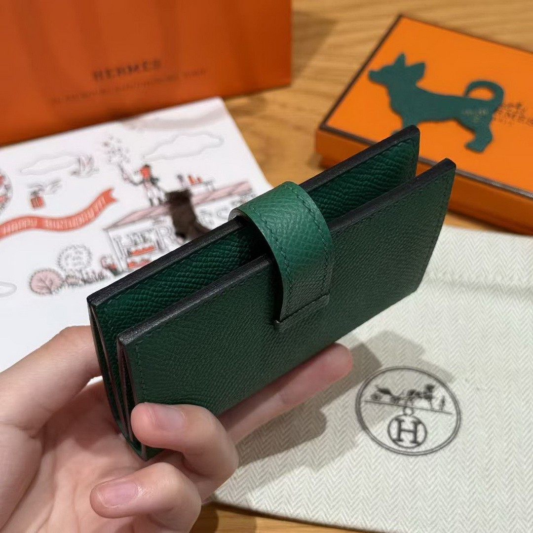 Hermes Bearn Mini Wallet Card Holder Handmade In Epsom Calfskin Leather Gold Hardware U4 Vert Vertigo - Image 12