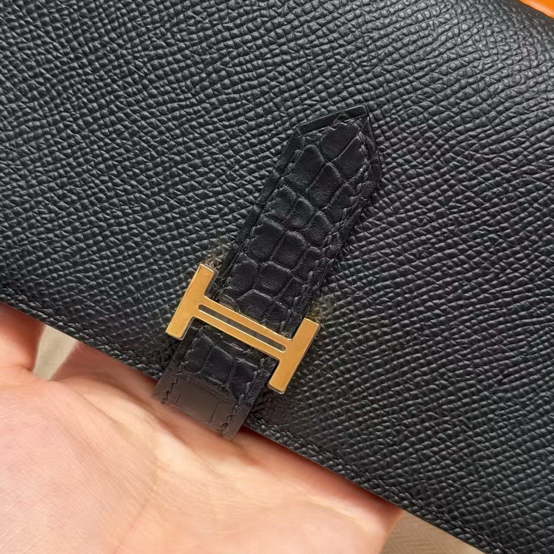 Hermes Bearn Wallet With Gusset Handmade In Epsom Calfskin Leather Matte Alligator Crocodile Gold Hardware 89 Noir - Image 8