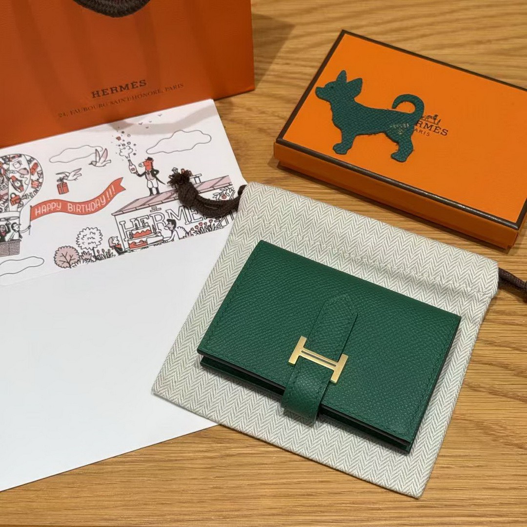 Hermes Bearn Mini Wallet Card Holder Handmade In Epsom Calfskin Leather Gold Hardware U4 Vert Vertigo - Image 7