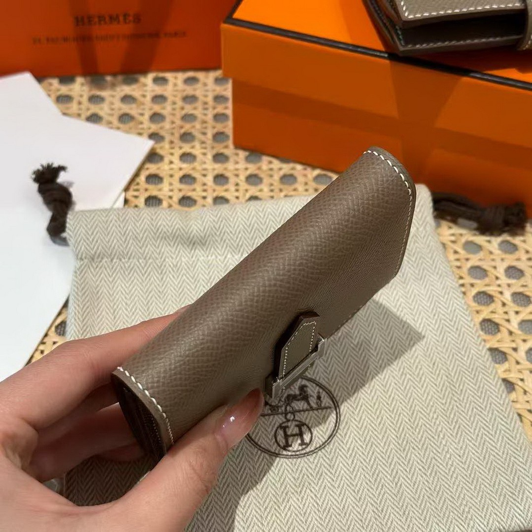 Hermes Bearn Mini Wallet Card Holder Handmade In Epsom Calfskin Leather Silver Hardware ck18 Etoupe - Image 9