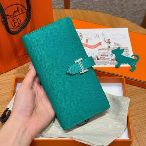Hermes Bearn Wallet With Gusset Handmade In Epsom Calfskin Leather Matte Alligator Silver Hardware O6 Vert Jade - Image 11