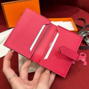 Hermes Bearn Mini Wallet Card Holder Handmade In Epsom Calfskin Leather Gold Hardware i6 Rose Extreme - Image 6