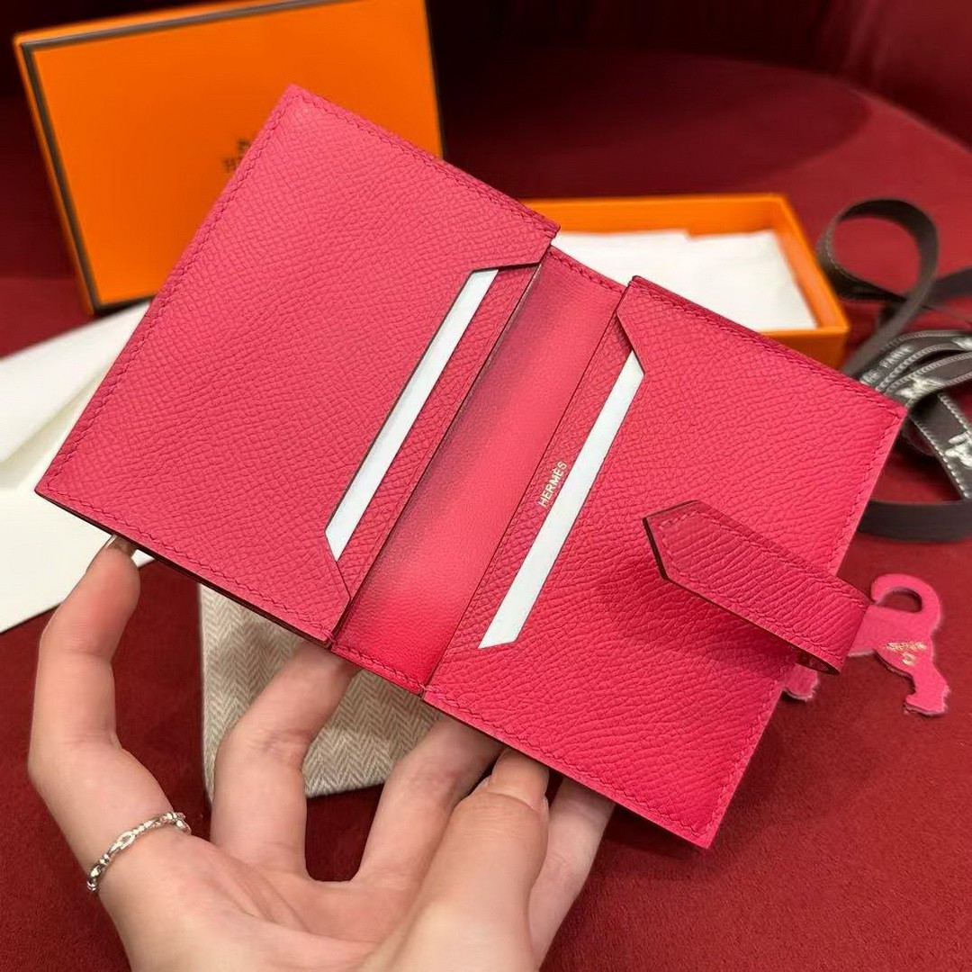 Hermes Bearn Mini Wallet Card Holder Handmade In Epsom Calfskin Leather Gold Hardware i6 Rose Extreme - Image 6