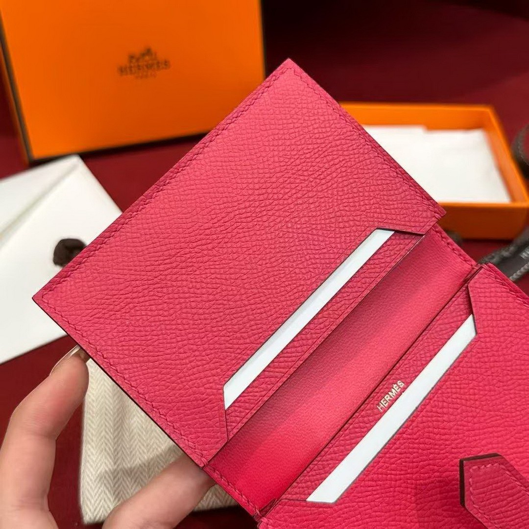 Hermes Bearn Mini Wallet Card Holder Handmade In Epsom Calfskin Leather Gold Hardware i6 Rose Extreme - Image 5