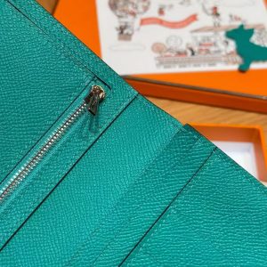 Hermes Bearn Wallet With Gusset Handmade In Epsom Calfskin Leather Matte Alligator Silver Hardware O6 Vert Jade - Image 13