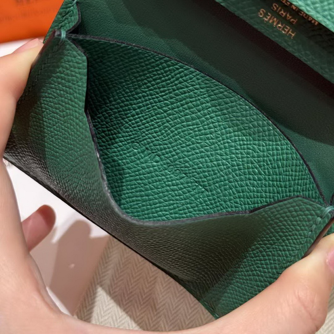 Hermes Bearn Mini Wallet Card Holder Handmade In Epsom Calfskin Leather Gold Hardware U4 Vert Vertigo - Image 8