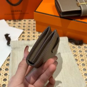 Hermes Bearn Mini Wallet Card Holder Handmade In Epsom Calfskin Leather Silver Hardware ck18 Etoupe - Image 12