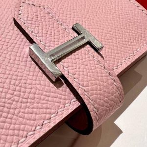 Hermes Bearn Mini Wallet Card Holder Handmade In Epsom Calfskin Leather Silver Hardware 3Q Rose Sakura - Image 8