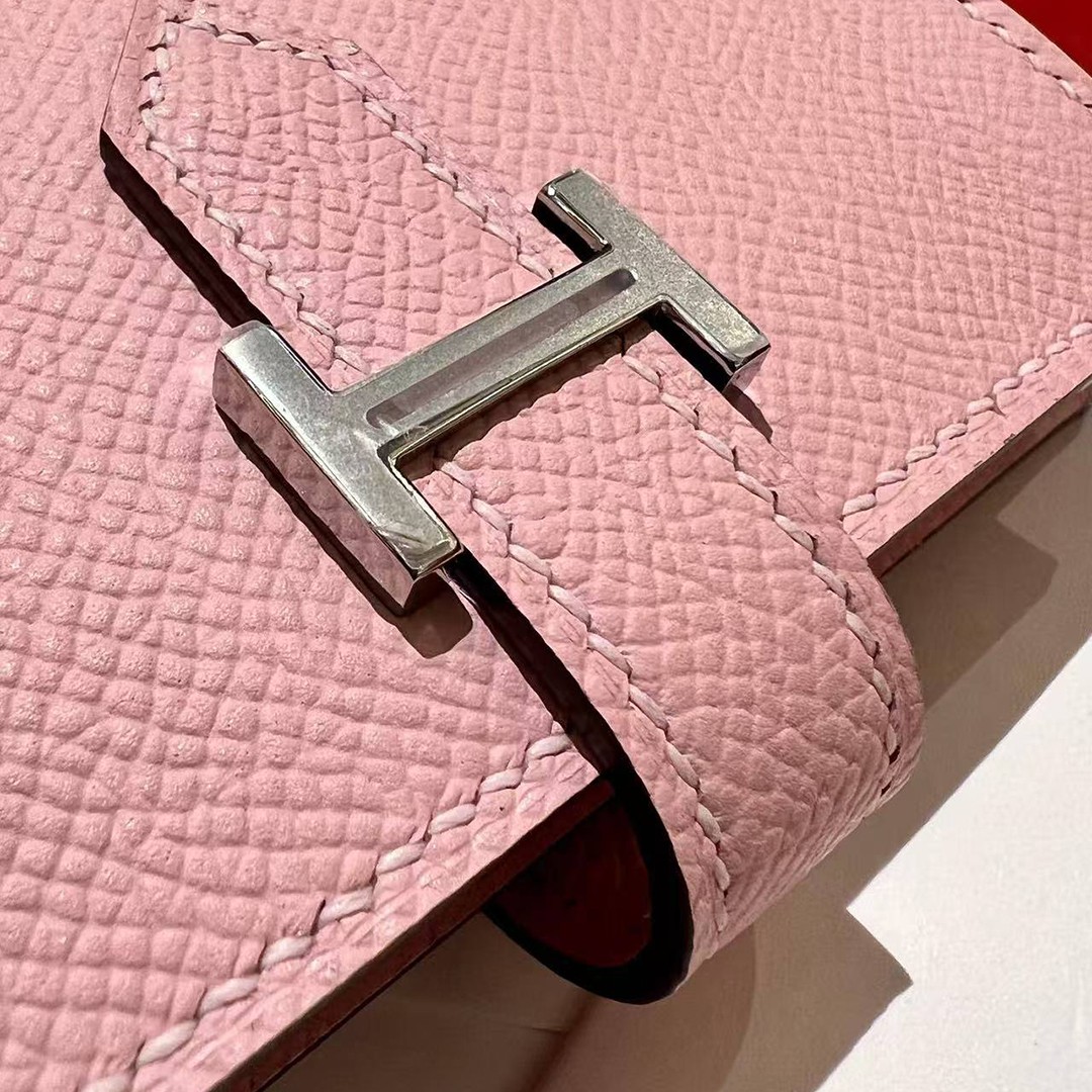 Hermes Bearn Mini Wallet Card Holder Handmade In Epsom Calfskin Leather Silver Hardware 3Q Rose Sakura - Image 8