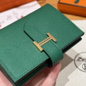 Hermes Bearn Mini Wallet Card Holder Handmade In Epsom Calfskin Leather Gold Hardware U4 Vert Vertigo - Image 6