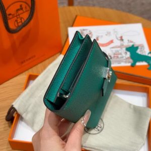 Hermes Bearn Wallet With Gusset Handmade In Epsom Calfskin Leather Matte Alligator Silver Hardware O6 Vert Jade - Image 6