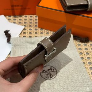 Hermes Bearn Mini Wallet Card Holder Handmade In Epsom Calfskin Leather Silver Hardware ck18 Etoupe - Image 10